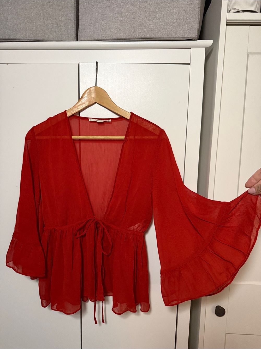 Kimchi Blue Red Tie-Front Sheer Bell Sleeve Blouse